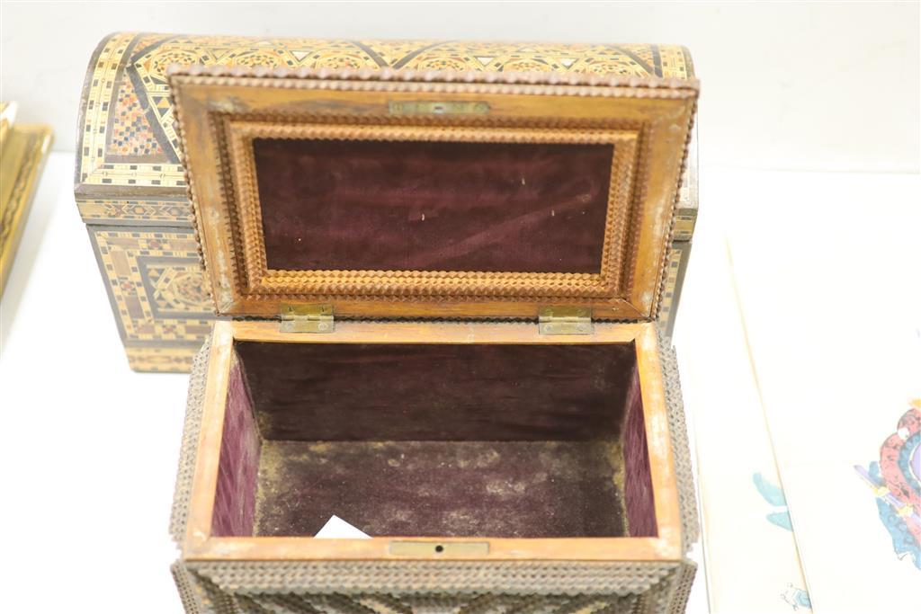 An Anglo-Indian casket, a Damascan domed casket and a modern globe, longest 40cm
